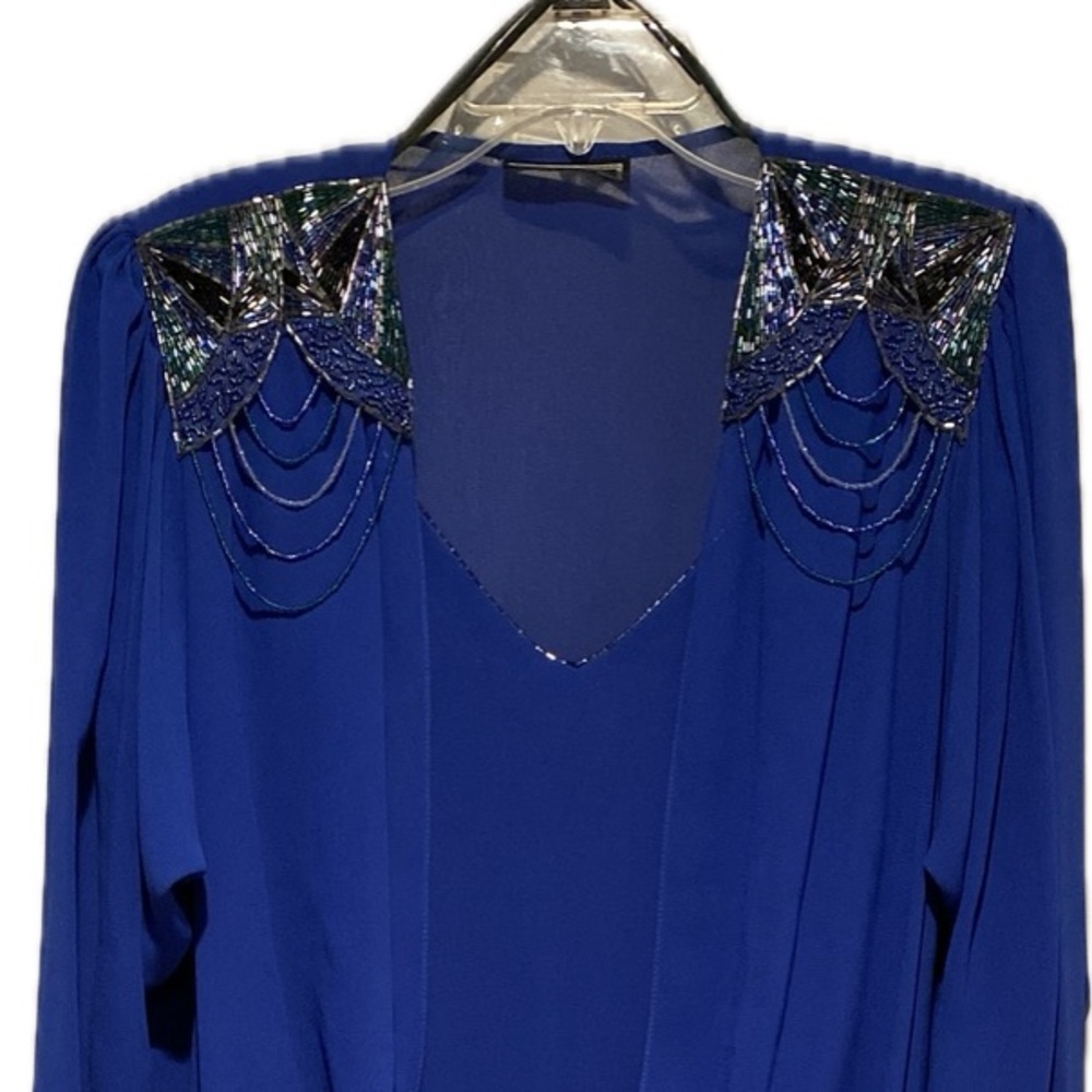 Vintage 80s Blue Crepe Batwing Fishtail Flapper Dynasty Gatsby Dress Bea…